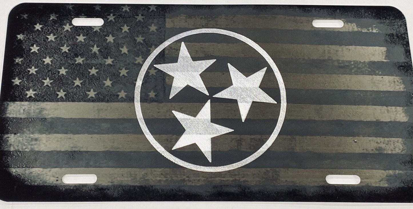 Laser US Flag & Diamond Etched TN Tennessee State Car Tag