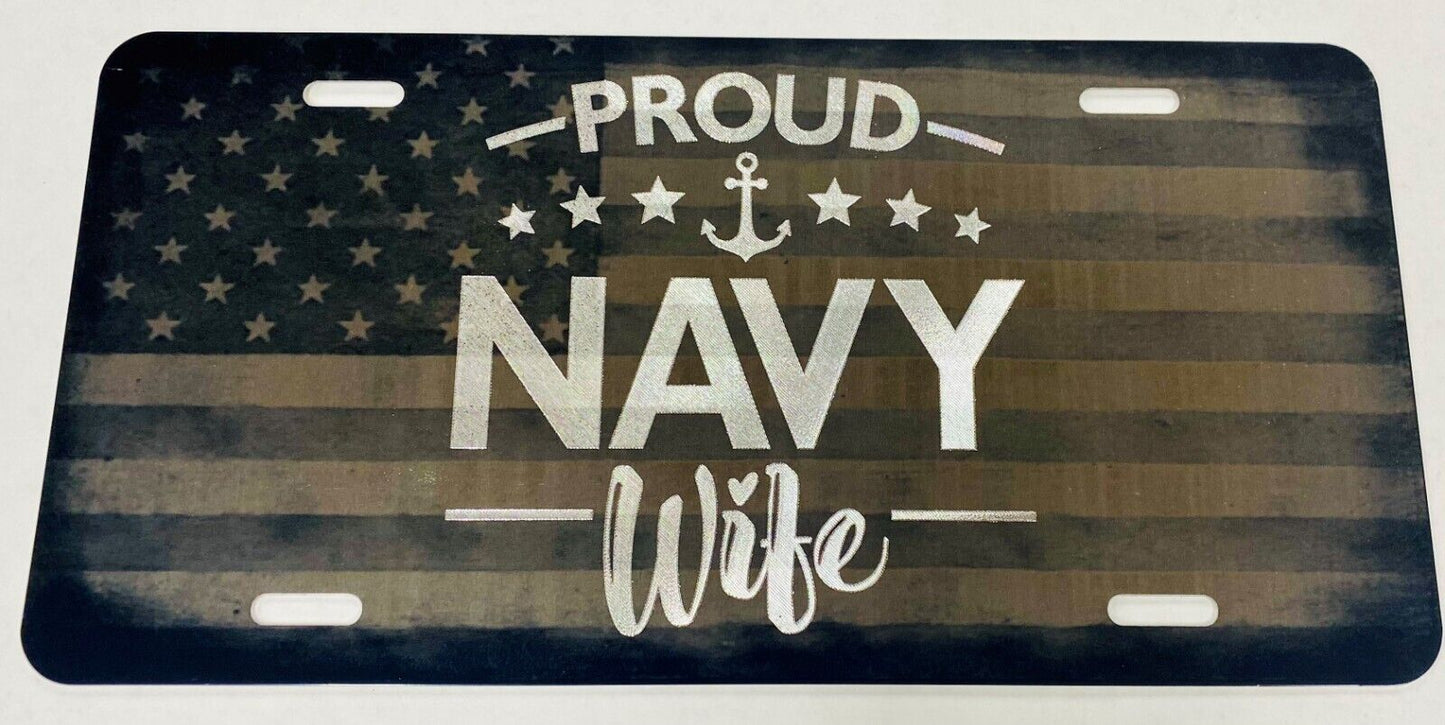 Combo Laser & Diamond Engraved Proud Navy Wife Car Tag