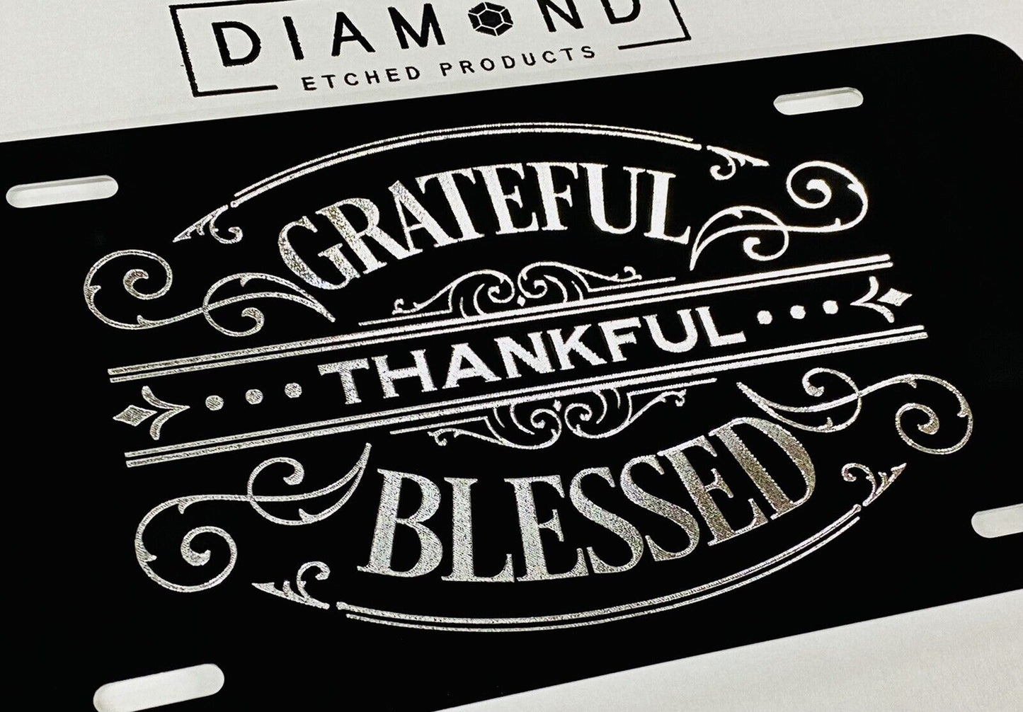 Sparkling Engraved Grateful Thankful Blessed Car Tag