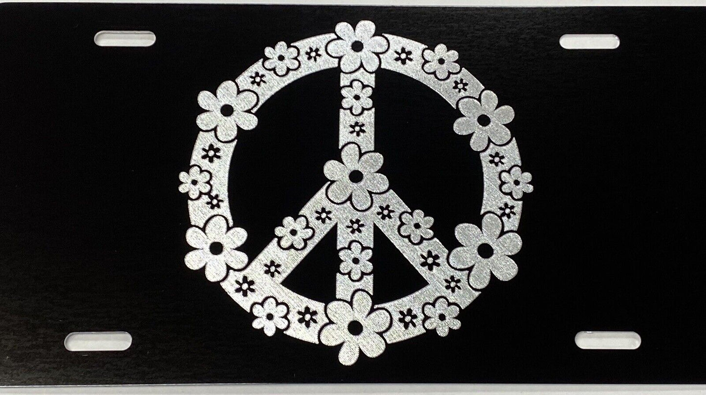 Engraved Flower Peace Sign Car Tag