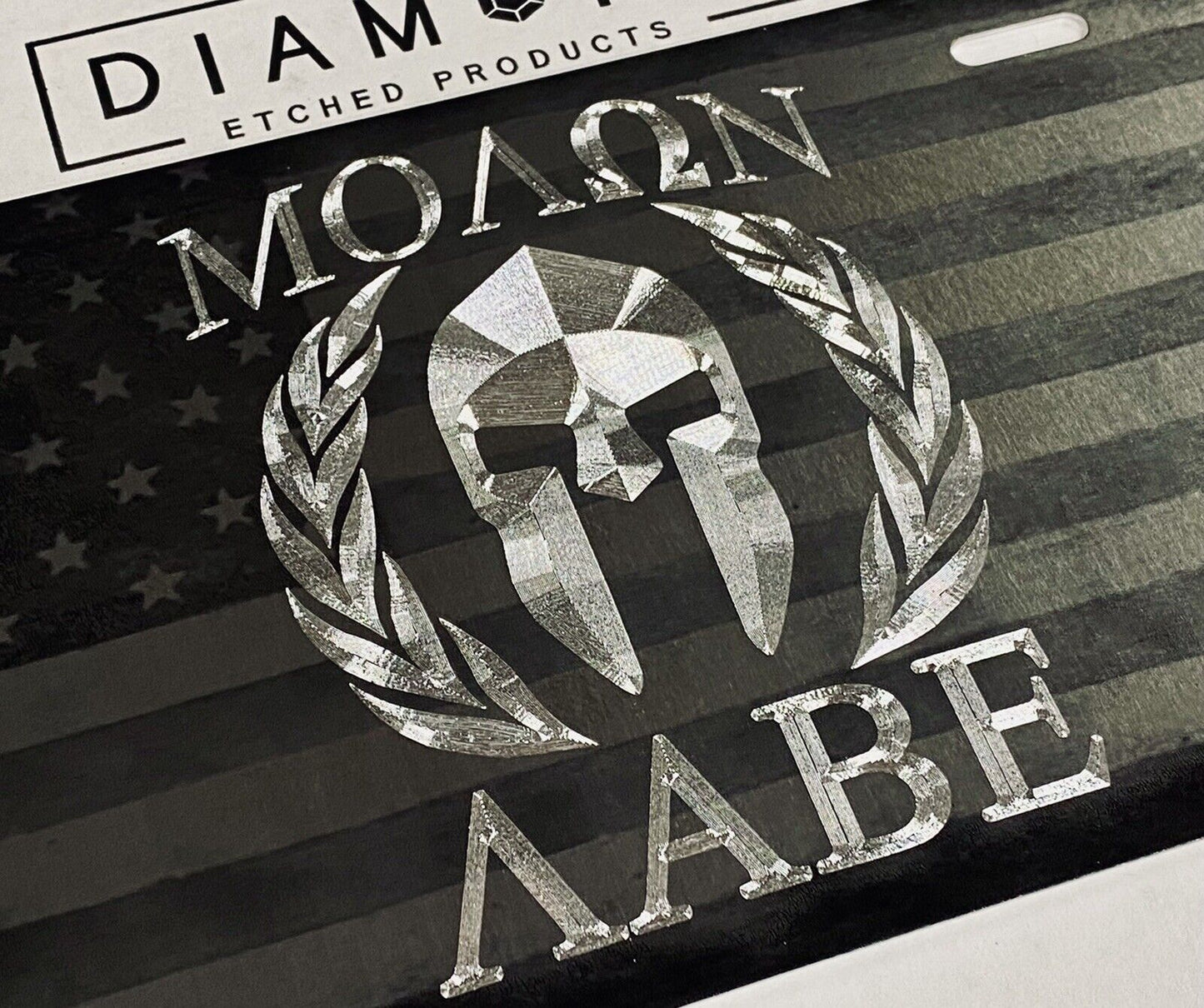 Molon Labe Combo Laser US Flag Car Tag