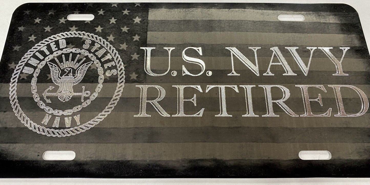 Combo Laser & Diamond Engraved US Navy Retired Car Tag