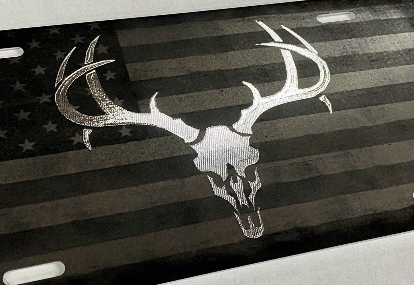 Laser US Flag & Diamond Etched Deer Skull Car Tag