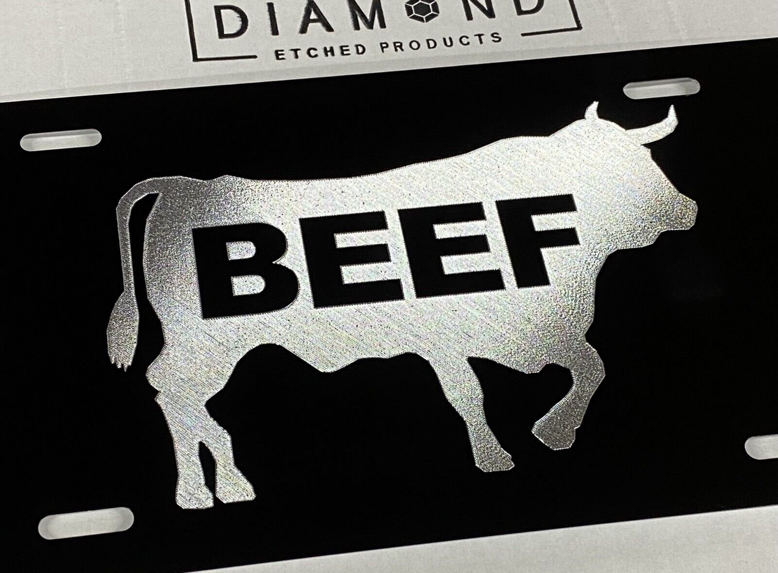 Silver Engraved Eat Beef Black Car Tag Diamond Etched Metal Front - Foto 1