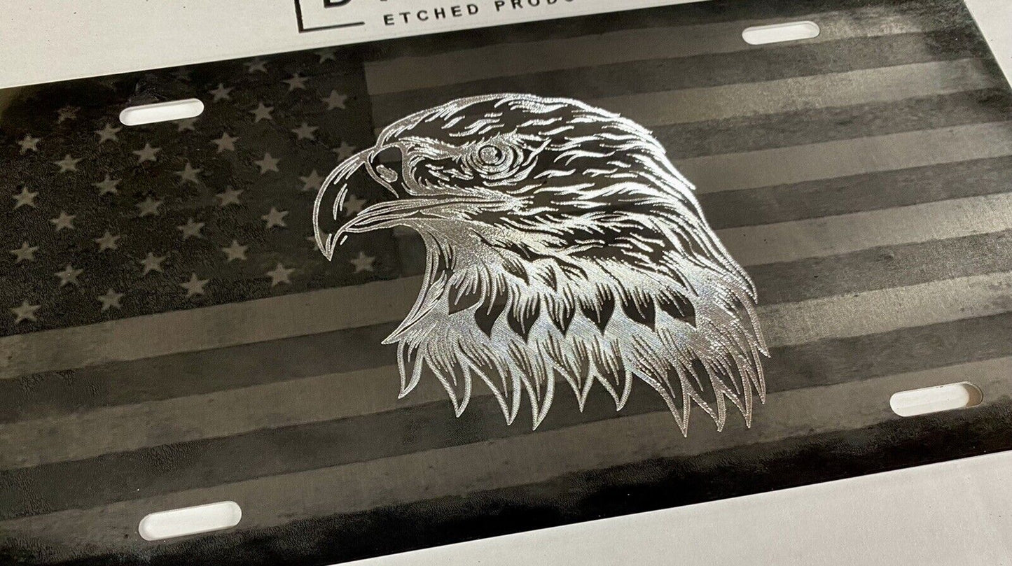 Combo Laser & Diamond Etched US American Flag Eagle Car Tag