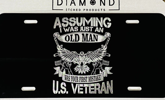 ENGRAVED US Military Old Man Veteran Car Tag