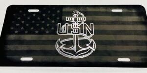 Combo Laser & Diamond Engraved Etched Navy Anchor US Flag Car Tag