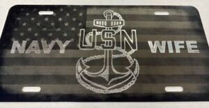 Combo Laser Etched & Diamond Engraved US Navy Wife Car Tag